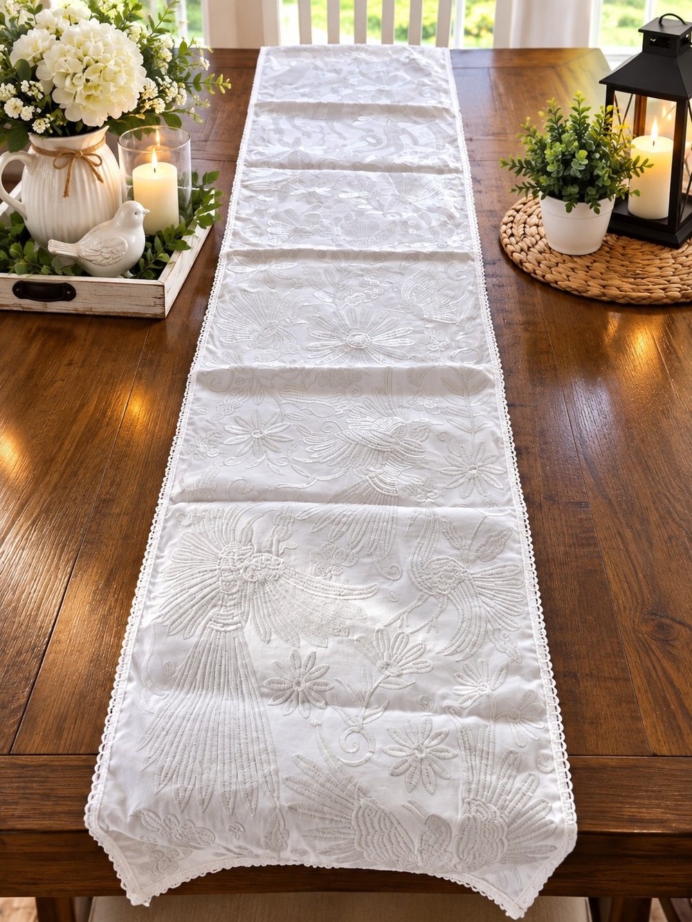 White Embroidered Floral Table Runner